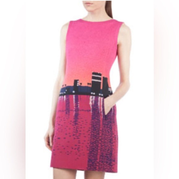 AKRIS PUNTO Sz 14 Sunset City Crew Neck Lined Pockets Over the Knee Zipper Dress - Picture 1 of 8
